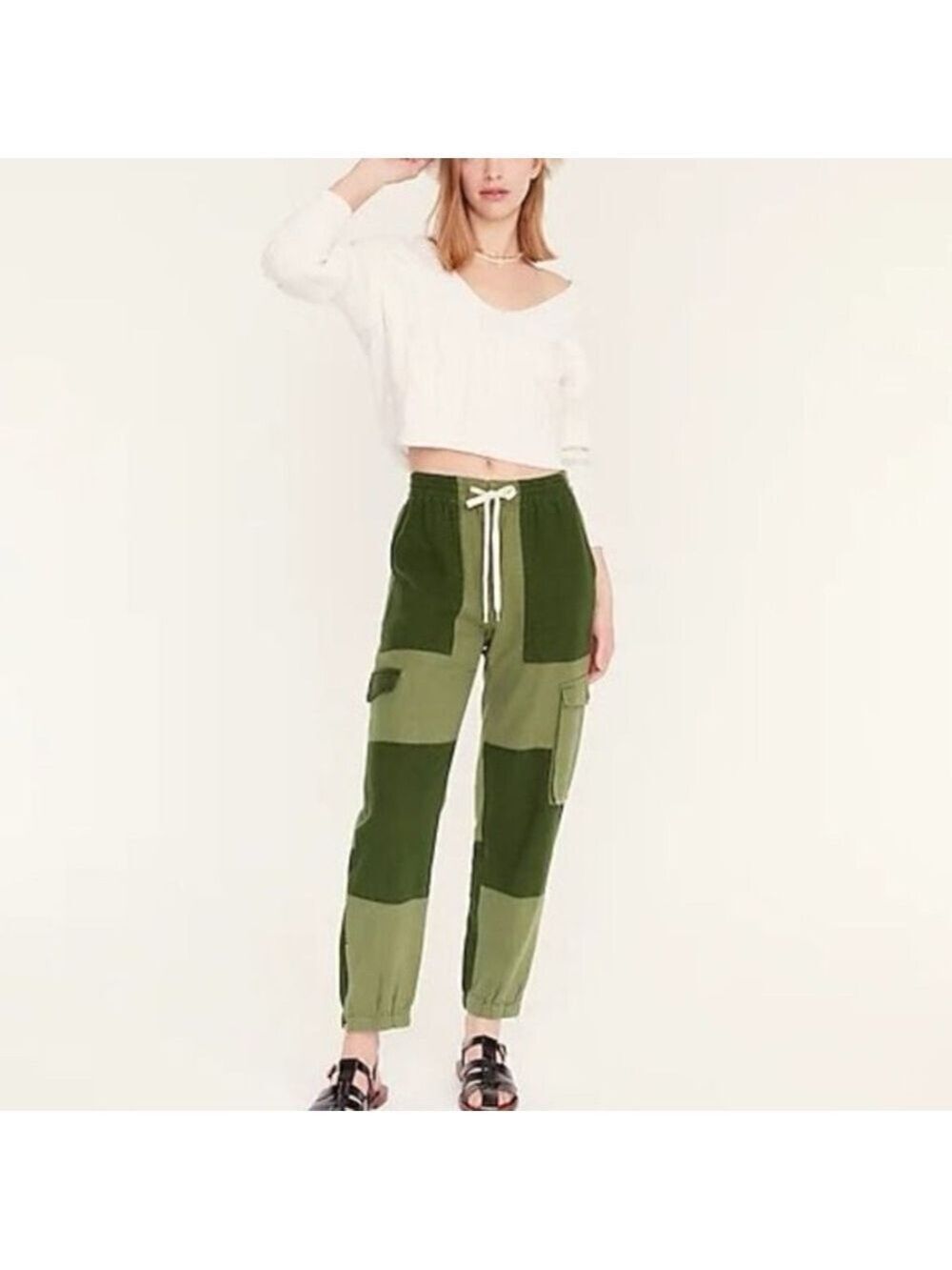 J Crew Tie Waist Linen Blend Cargo Pant Size 0 Green Colourblock